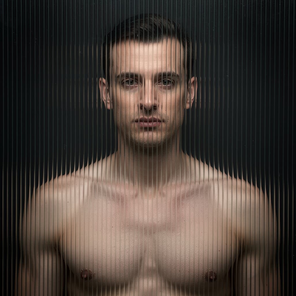 AI generated: high resolution photography, front central profile, man facing front, gaze to front, shirtless, phot...