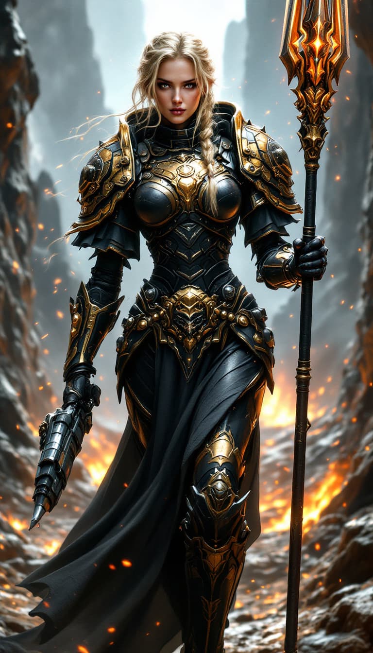 AI generated: A dynamic angle, full-body view, realistic portrait of a female space marine, her blonde hair styled...
