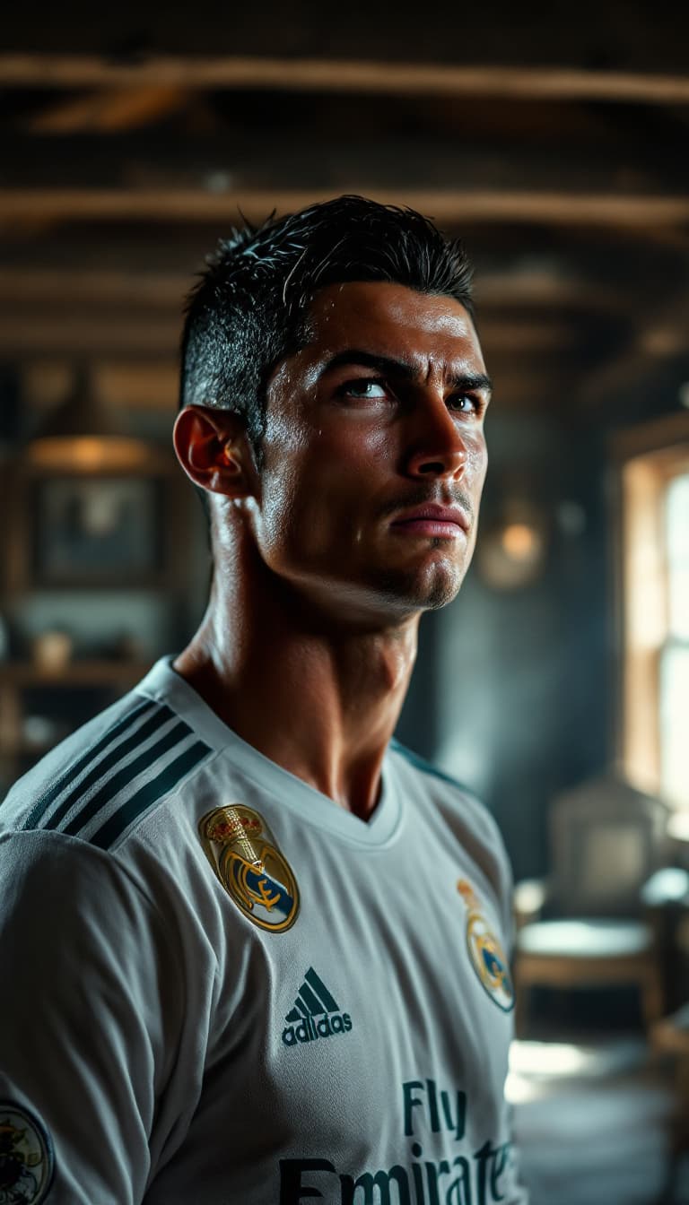 AI generated: A highly detailed and emotional close-up of Cristiano Ronaldo wearing a Real Madrid jersey, standing...