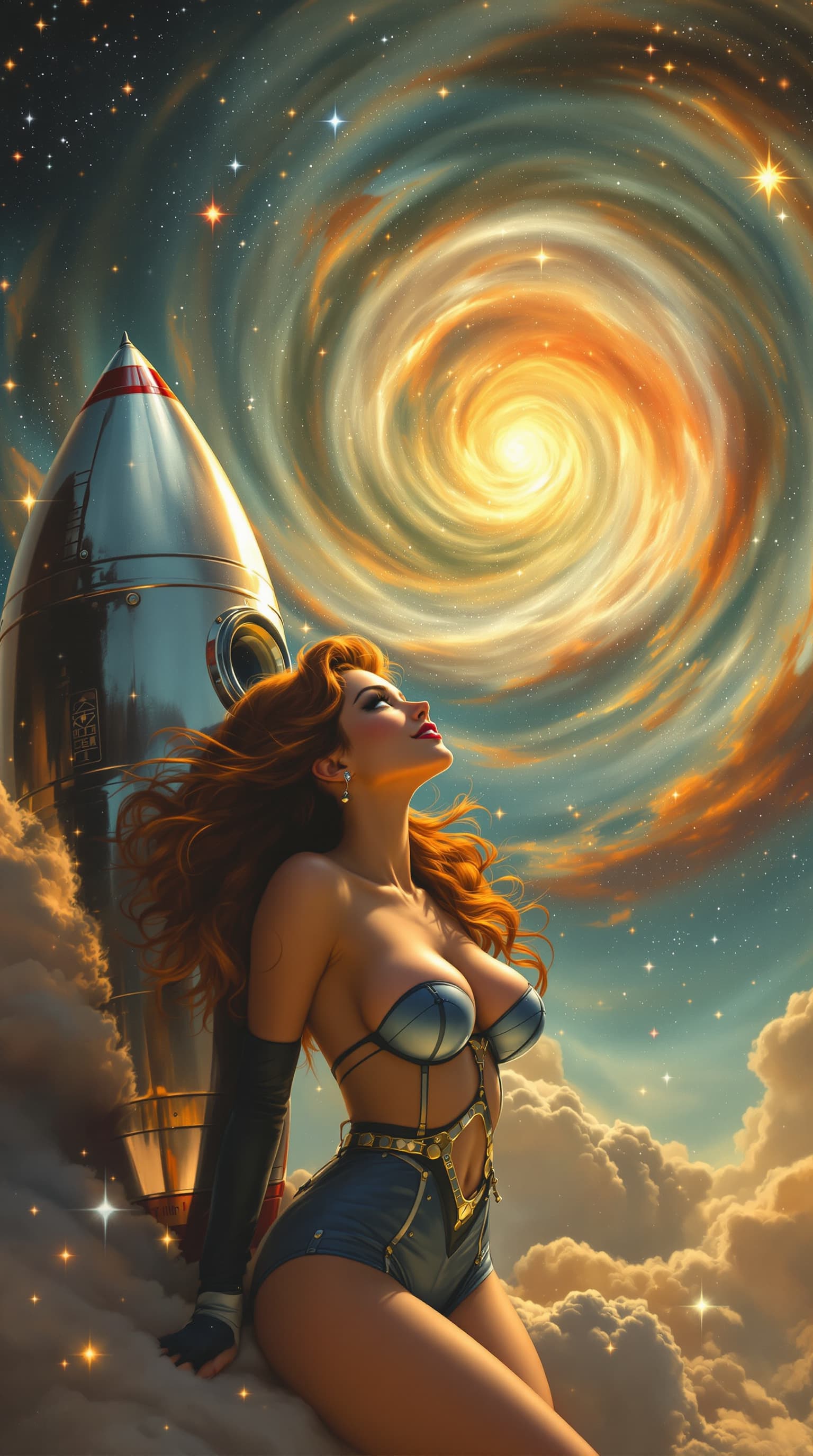 AI generated: A mischievous-smiling pin-up girl, leaning against a chrome rocket, gazes at a swirling nebula of co...