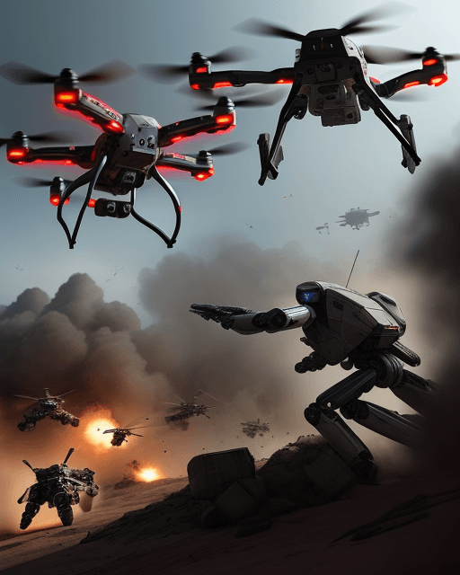 AI generated: A battlefield with advanced autonomous drones and military robots in action. The drones are equipped...