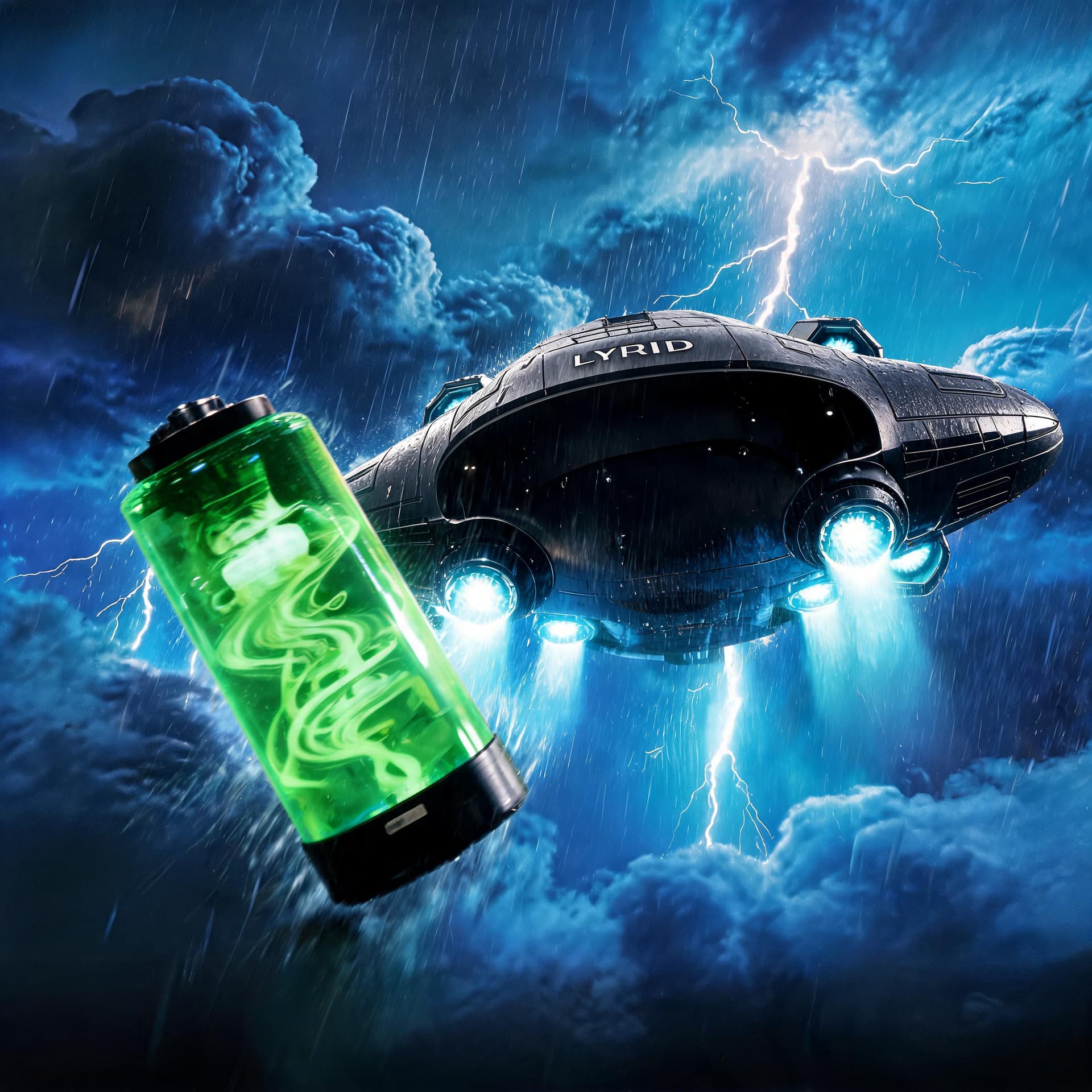 AI generated: Ultra-cinematic sci-fi storm sequence, a glowing green containment canister being violently ejected ...