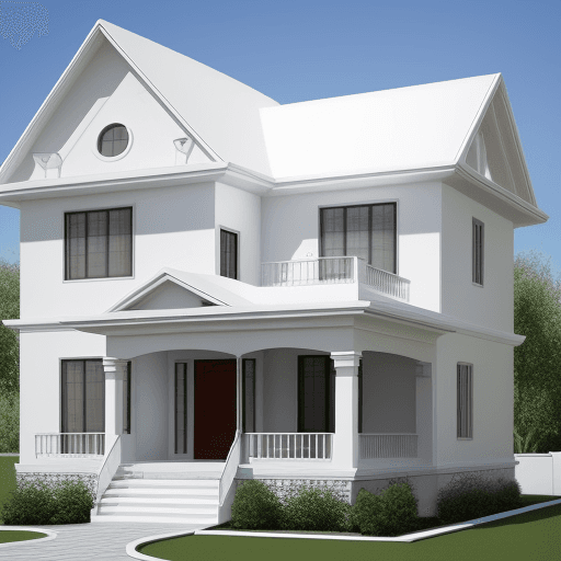 AI generated: two story house, 5 bedrooms, 3 bathrooms, white.