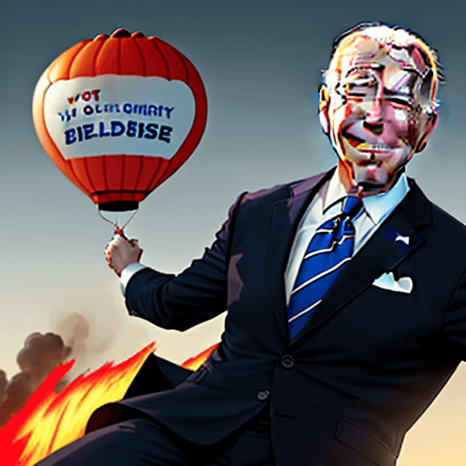 AI generated: create comic book style, hyper exaggerated caricatures of joe biden hanging onto a chinese spy ballo...