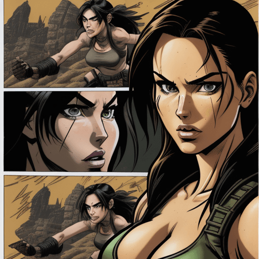 AI generated: lara croft, in the style of comic book-style art, bold, manga-inspired characters, close up, cartoon...