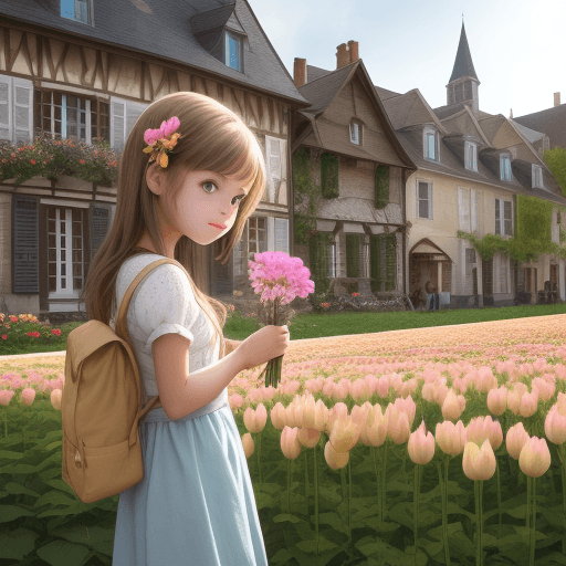 AI generated: cute girl looking at a flower in a villige
