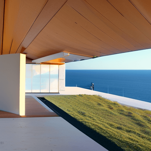 AI generated: Hyper realistic eye level exterior photo of a mid century modern style house overlooking the ocean, ...