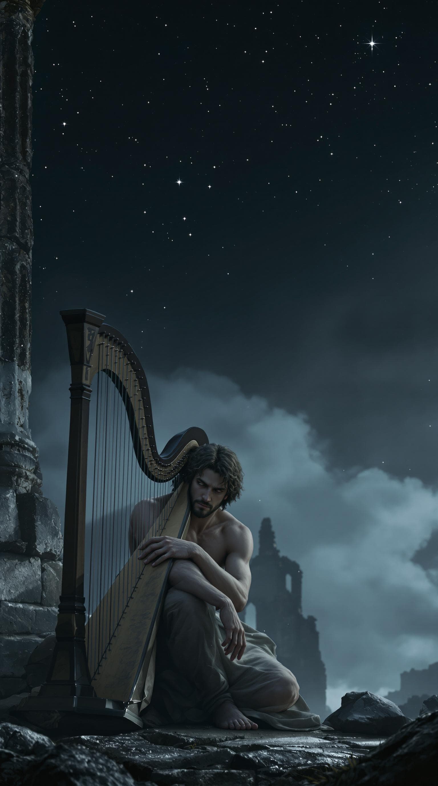 AI generated: David sits alone on a stone, his harp resting beside him as he stares at the ground. His expression ...