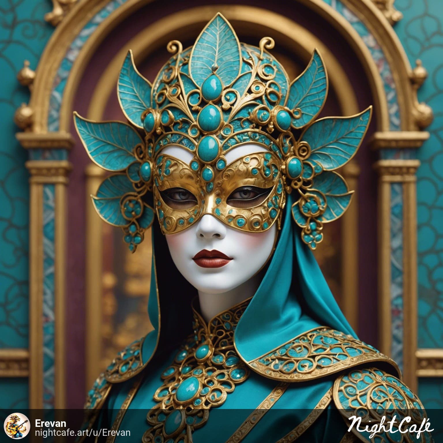 AI generated: a woman wearing an elaborate mask around her face, in the style of vray tracing, cloisonnism, turquo...