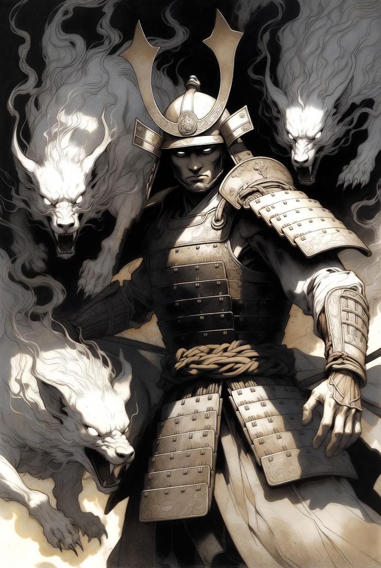 AI generated: A samurai warrior surrounded by ghostly beasts and swirling energy, drawn in Renaissance-inspired st...