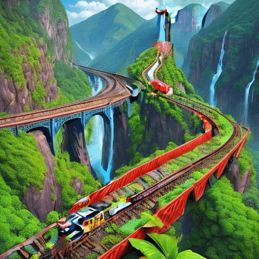 AI generated: Create a vibrant, surreal image where the scene takes place on a spectacular railway track that runs...