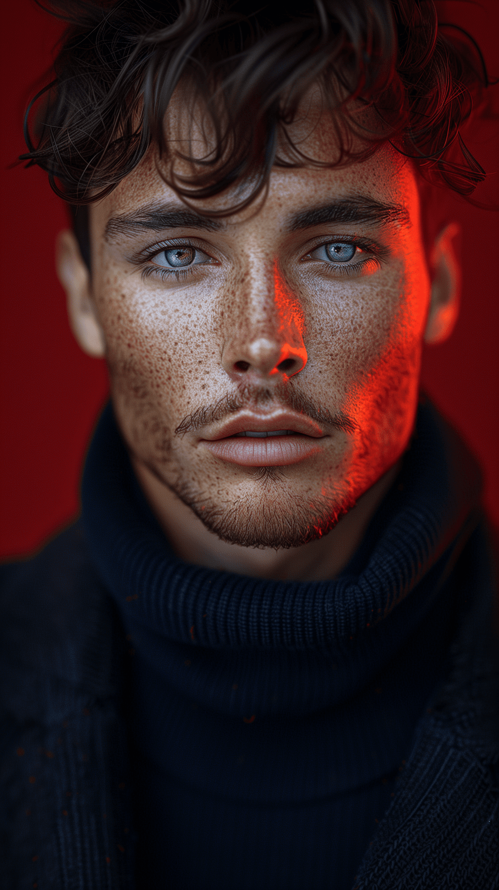 AI generated: photography, red hue, man model, solid red backdrop, blue eyes detailing, using a camera setup that ...