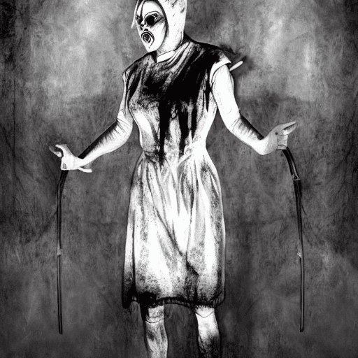 AI generated: legendary photoart dark and terrifying themes, evil nurse from Silent Hill, in a short uniform with ...