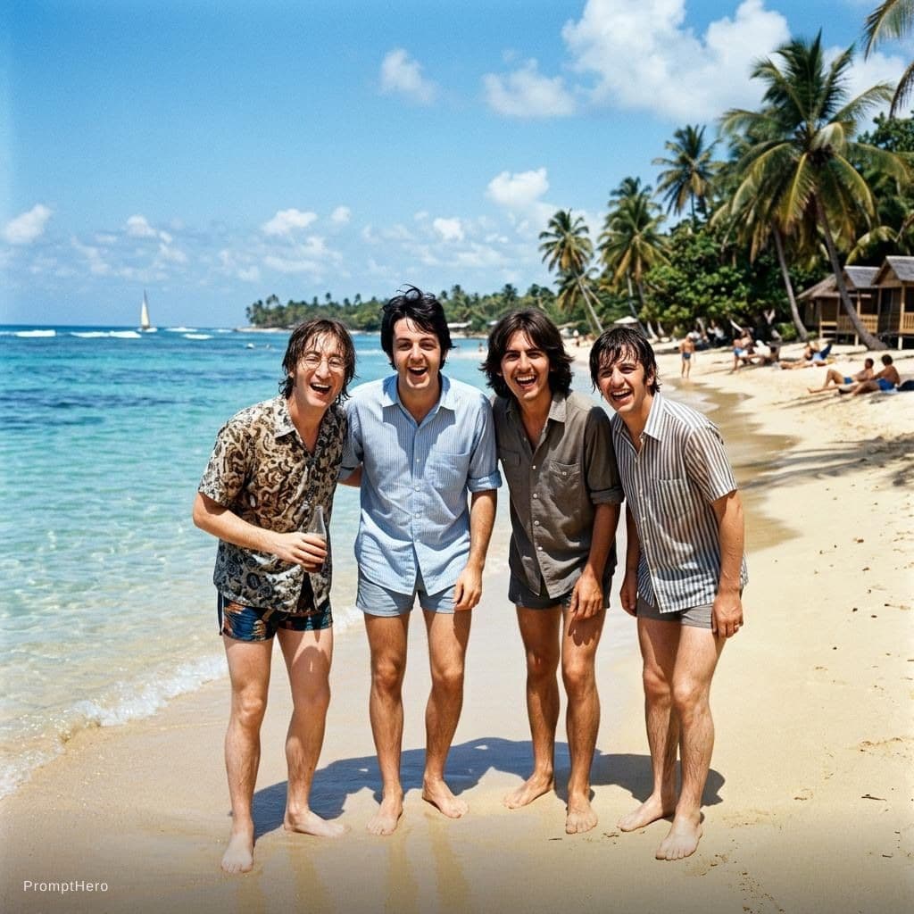 AI generated: with the beatles at a tropical beach, sunny day, both smiling