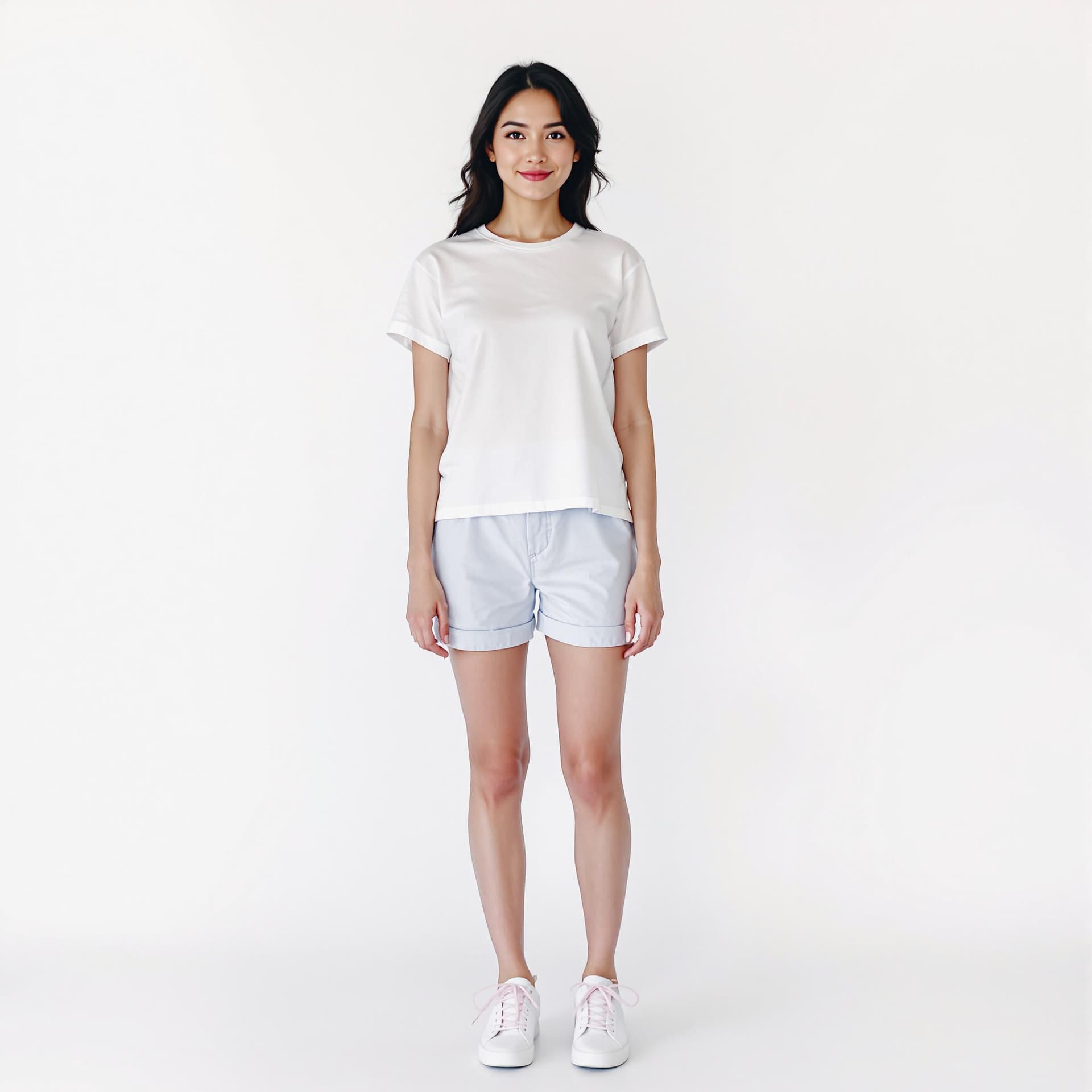 AI generated: woman stands against a white backdrop. She is dressed in a short-sleeved white t-shirt, a pair of li...