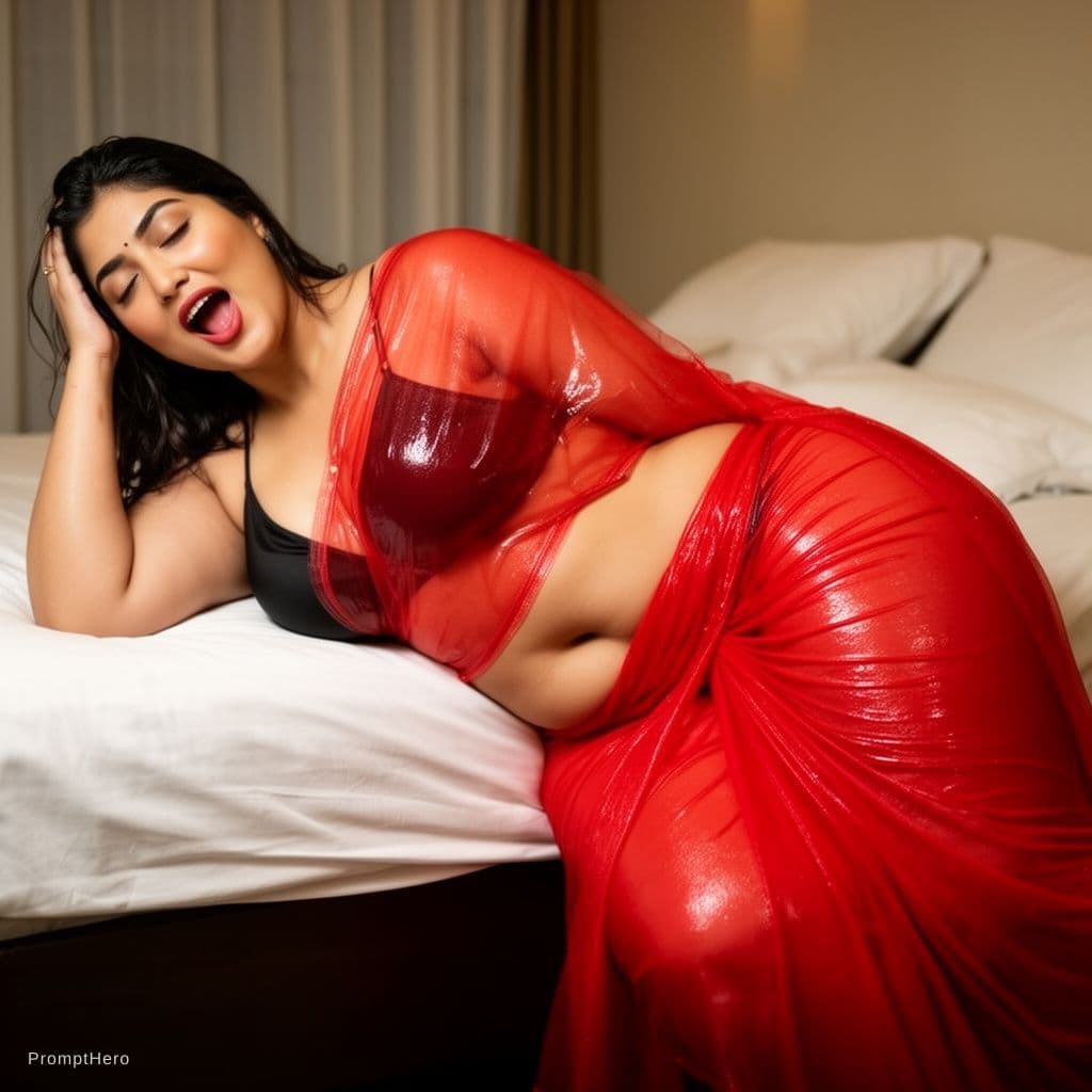 AI generated: Transparent Red wet saree Indian woman, without blouse, tight, transparent body sexy boobs sleeping ...