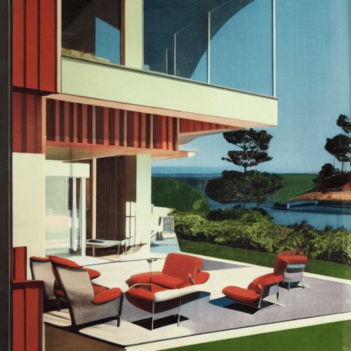AI generated: Hyper realistic eye level exterior photo of a mid century modern style house overlooking the ocean, ...