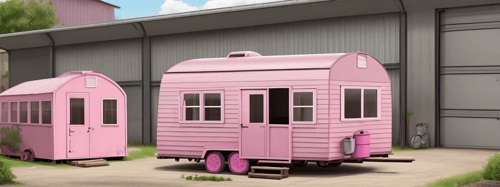 AI generated:  draw a warehouse called Pink depot, in front of an old model walkswagen caravan on the pink depot a...