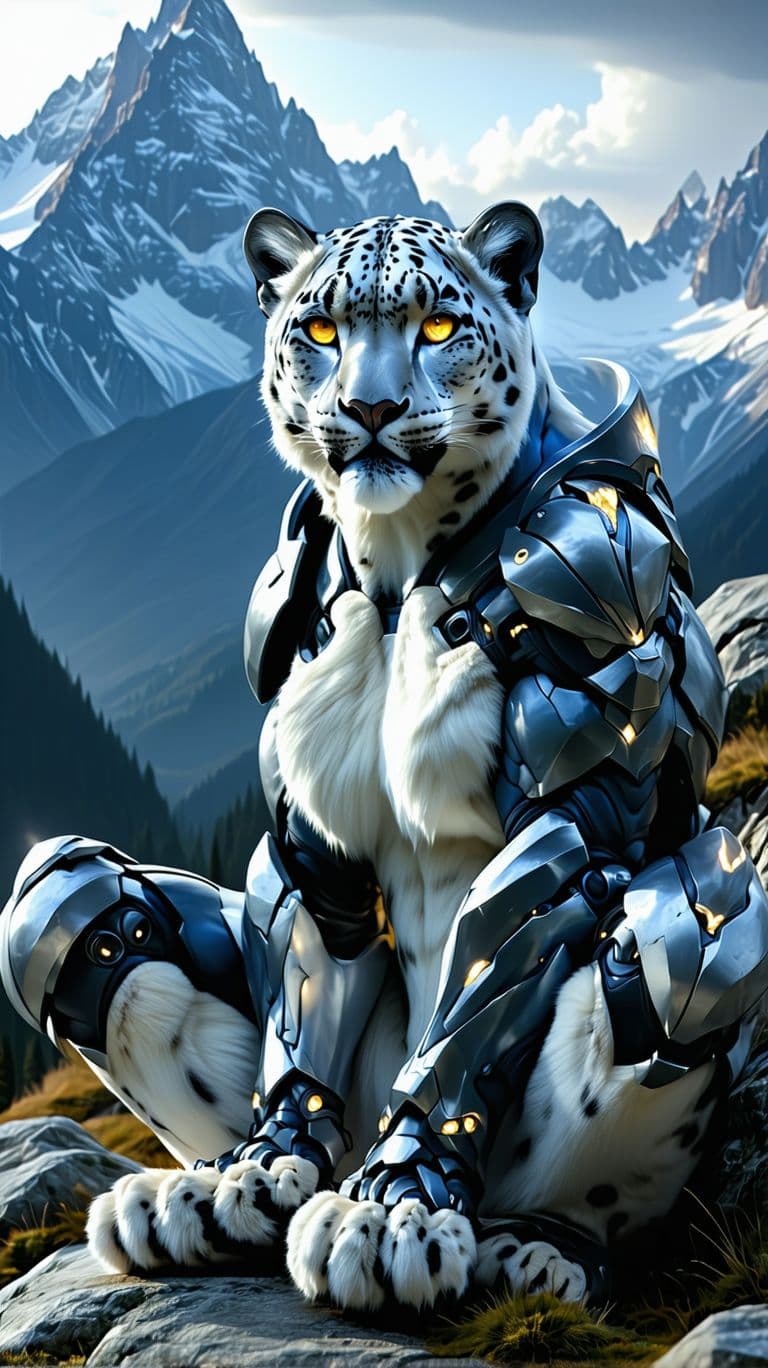 AI generated:  elemental being, snow leopard and woman, full body, realistic fur, Human features, looking at camer...