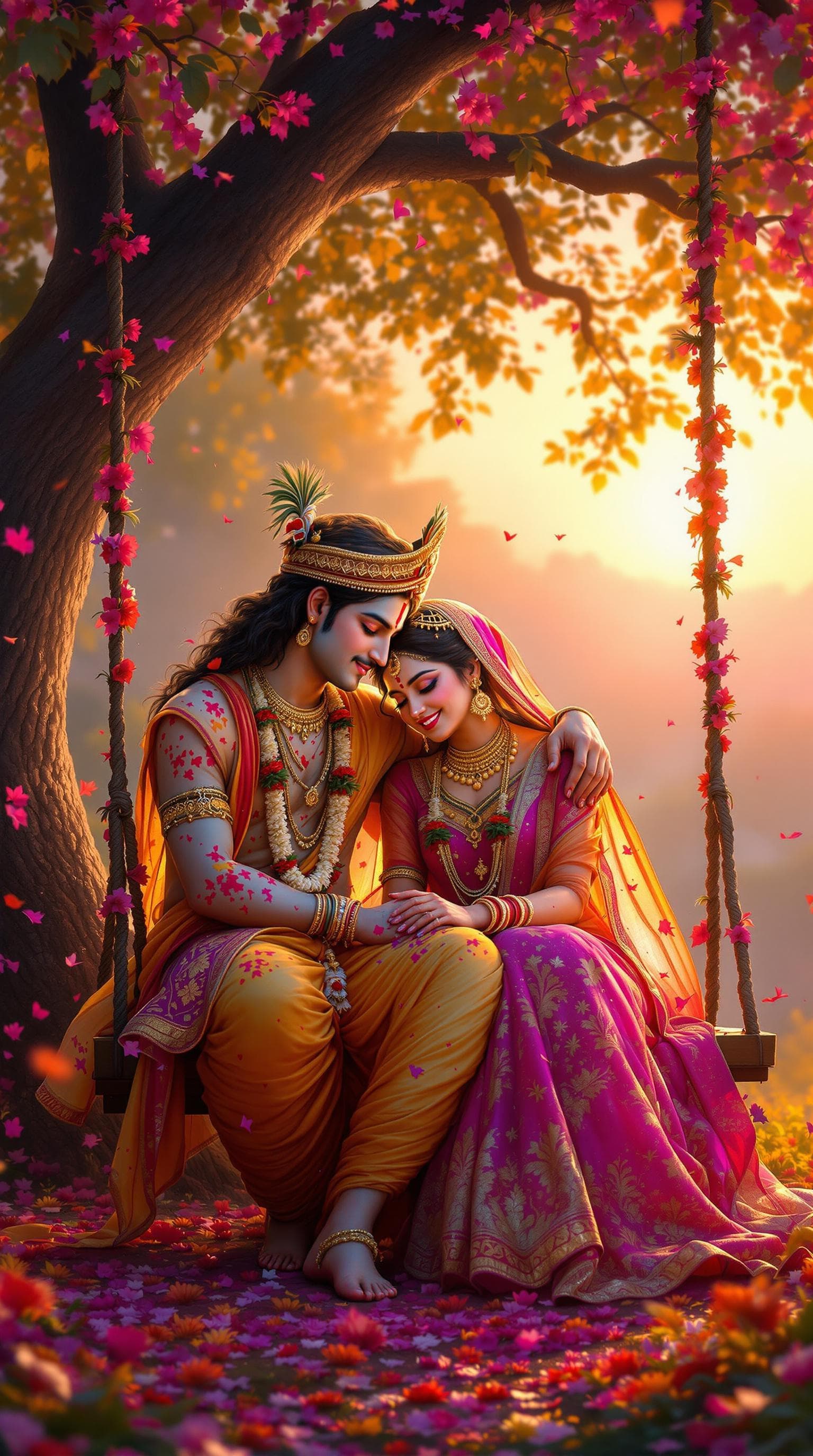 AI generated: "A high-detail, ultra-HD image of Radha and Krishna sitting together on a swing under a tree, surrou...