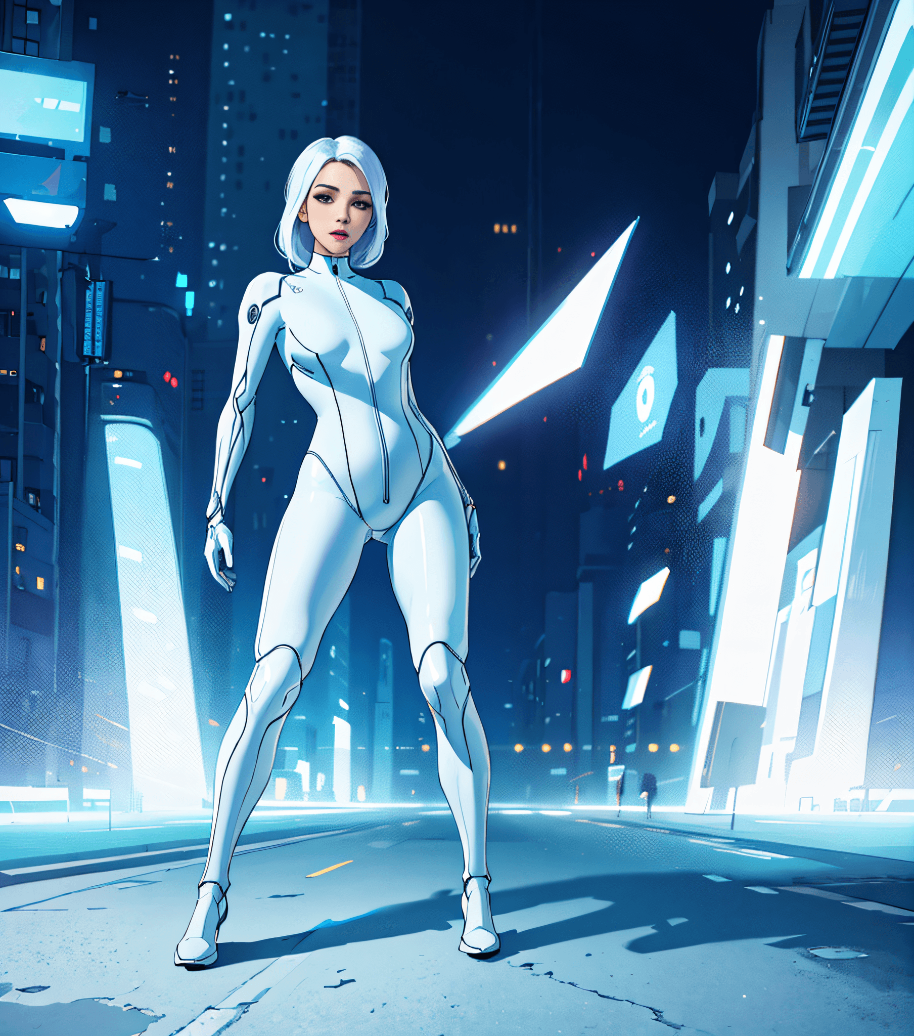 AI generated: (masterpiece, best quality:1.2),1 girl, seductive, erotic pose, full body, (white full body bodysuit...