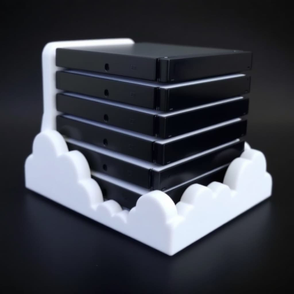 AI generated: A 3d printed Hard drive rack for external HDDs, white with cloud shapes on the sides. 5 Hard drives ...