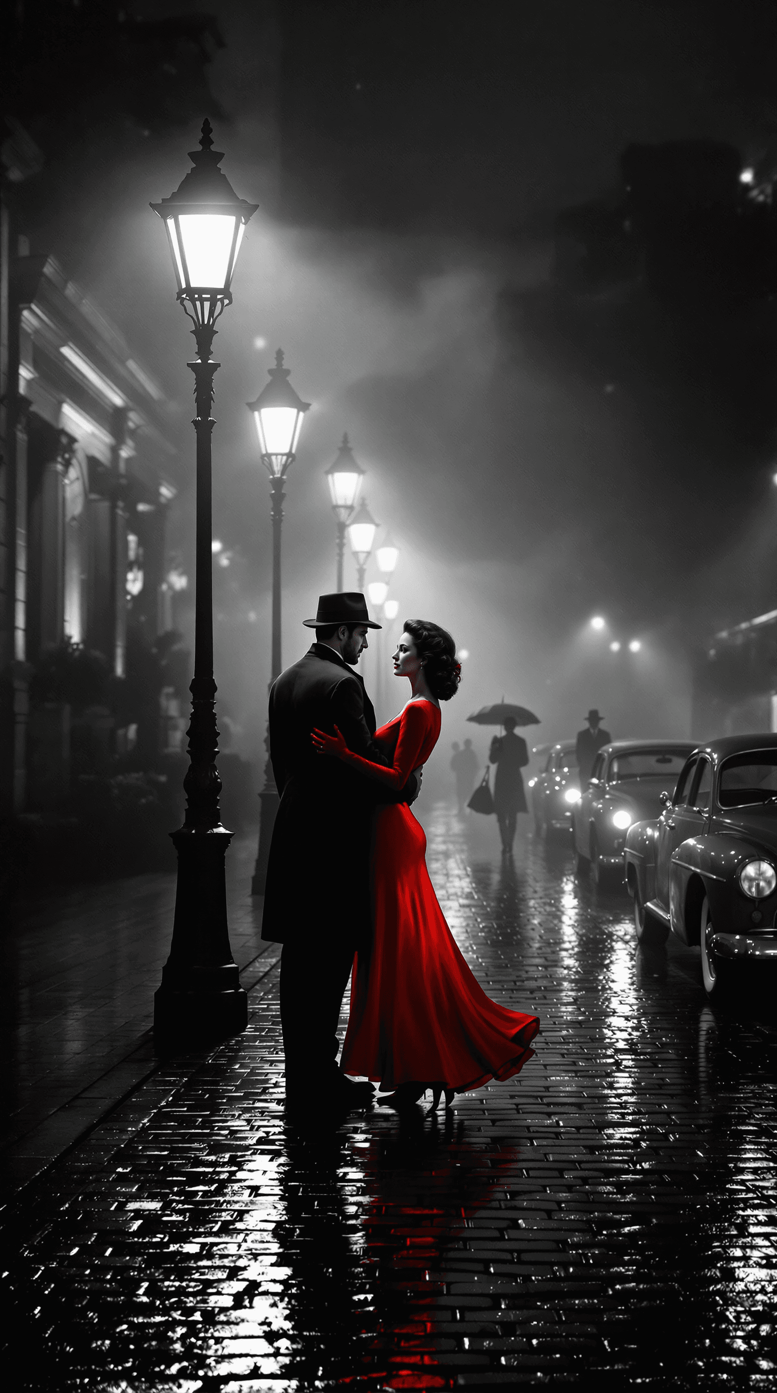 AI generated: a cinematic black-and-white noir depiction of a vintage cobblestone street at night, drenched in a m...