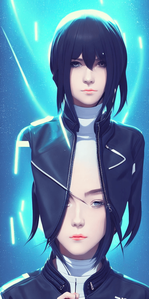 AI generated: poster woman with futuristic streetwear and hairstyle, leather jacket, cute face, pretty face, symme...