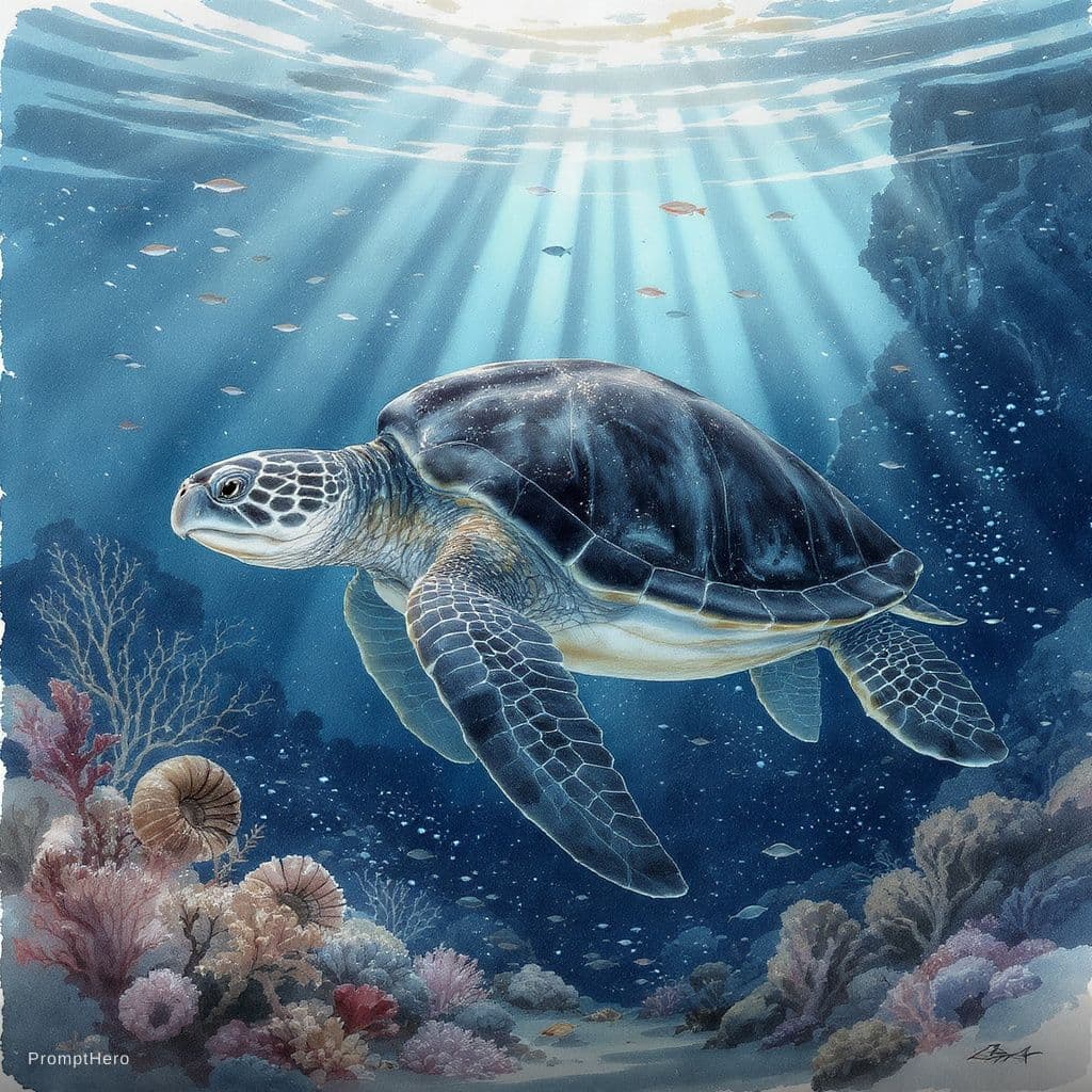 AI generated: A massive prehistoric leatherback sea turtle (Dermochelys) from the Cretaceous period swimming grace...