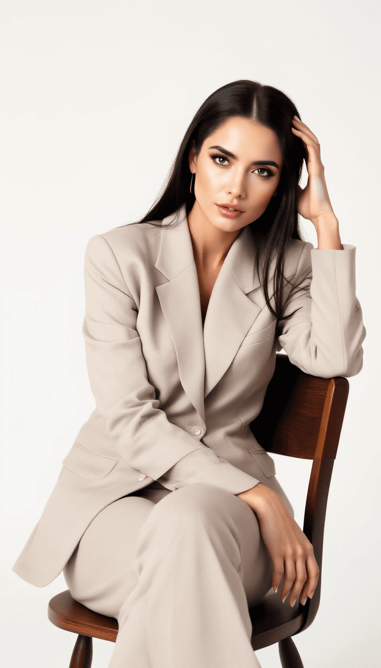 AI generated: A woman with sleek back hair, wearing a light beige suit, is seated on a wooden chair. Her left leg ...