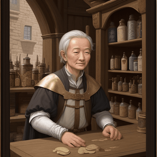AI generated: a joung, tired but friendly alchimist. in a medieval shop