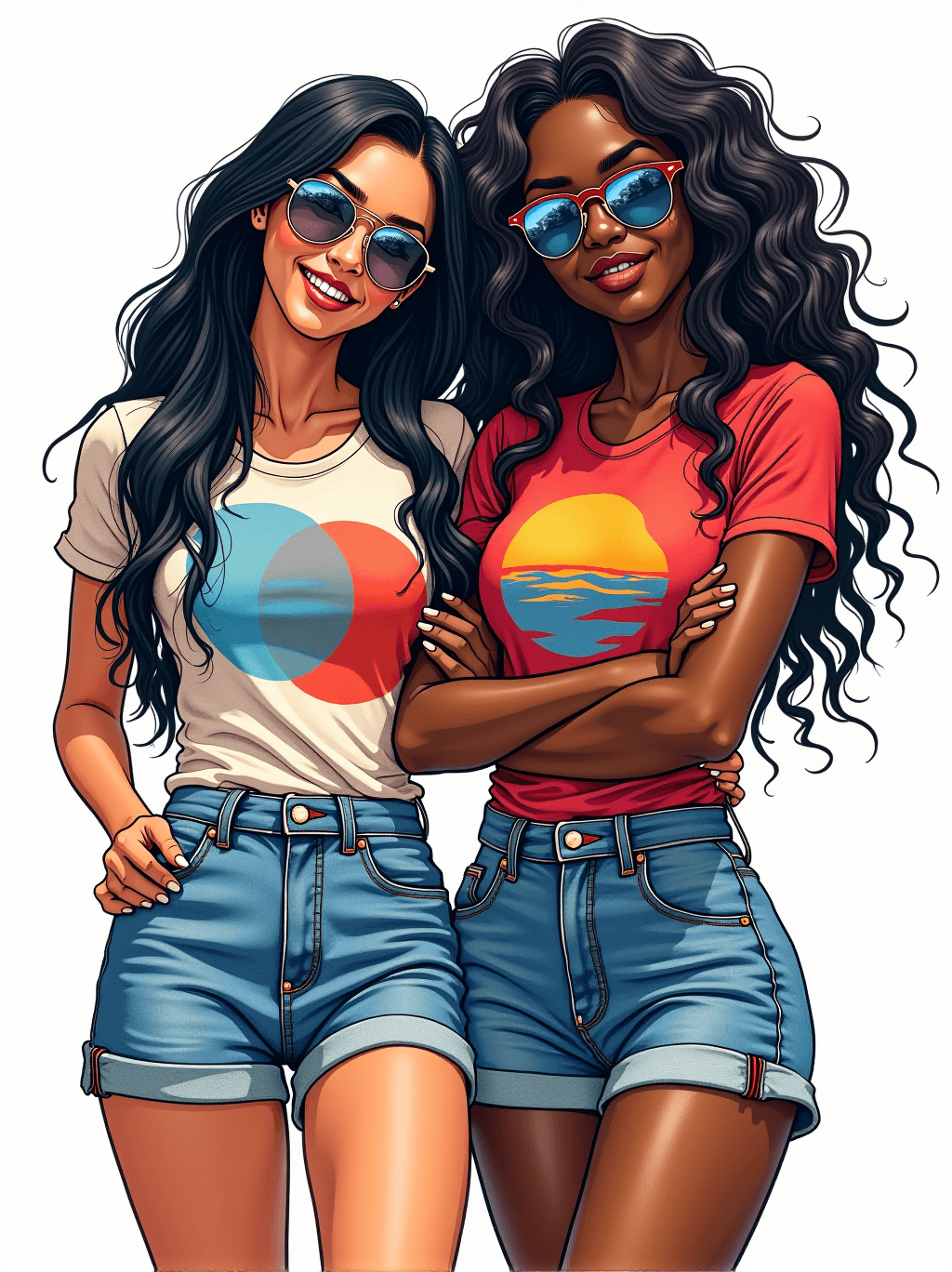 AI generated: <lora:retro_comic_flux_v2:0.6> Color ink sketch of two young women, one of East Asian descent and th...