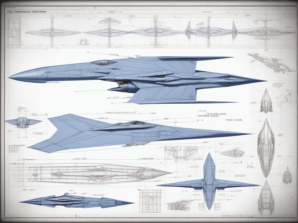 AI generated: technical drawing, blueprint, schematic::1.5 alien fighter jet, paper background, detailed --s 1250