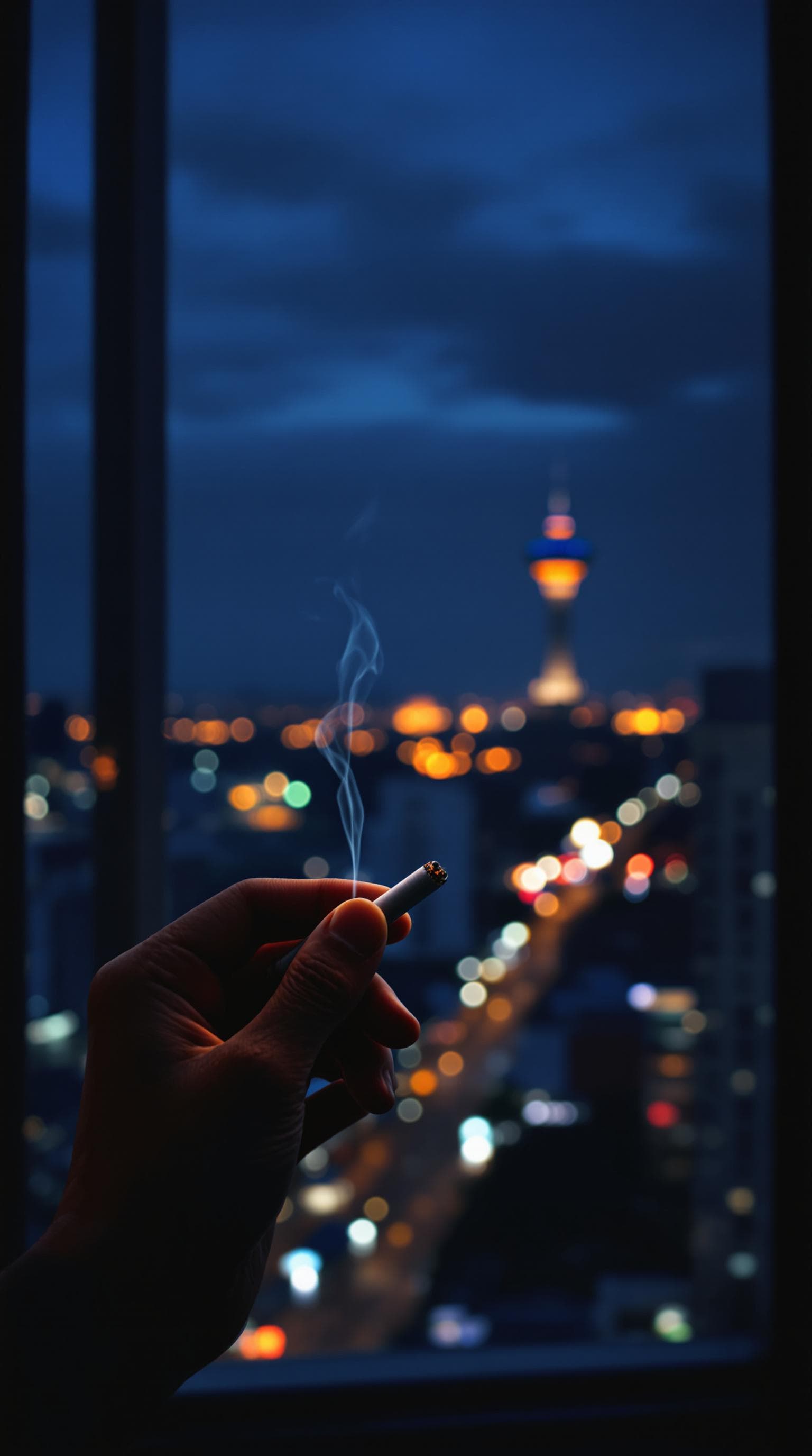 AI generated: pov first-person, i am standing by the open window, smoking a cigarette. only my hand and the cigare...