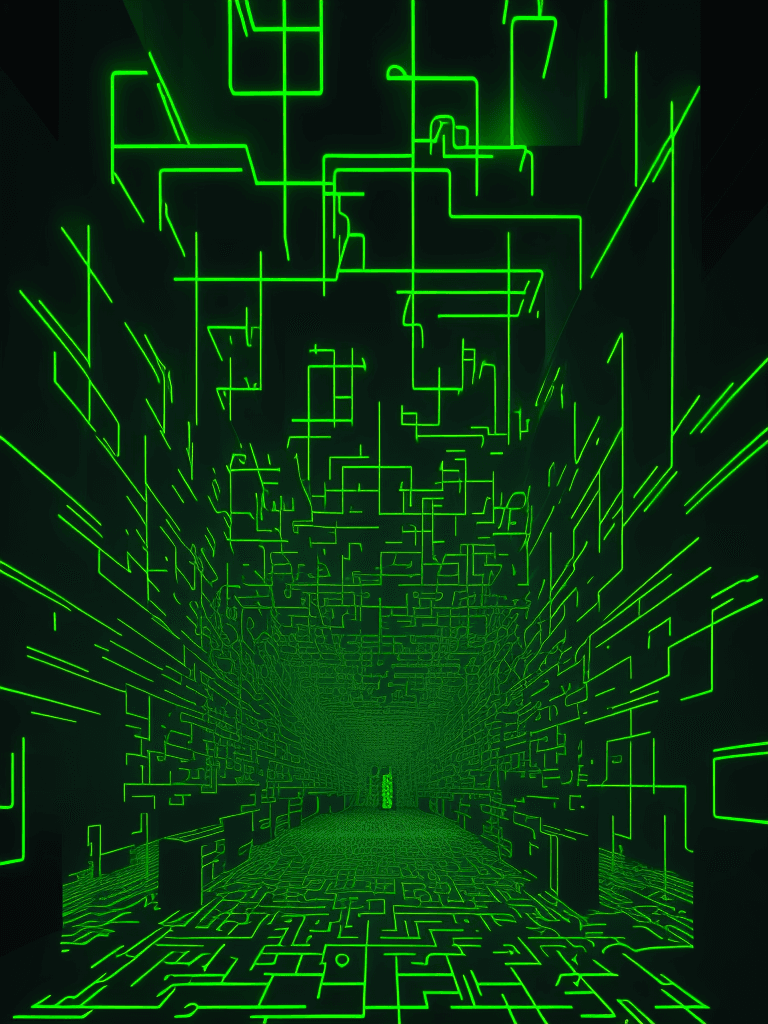 AI generated: maze made of tangling lines of code, glowing neon green, night, people with pixelated masks and arou...