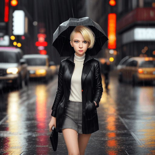 AI generated: Young Lady Walking in NY Street, blonde hair, short hair, raining day.