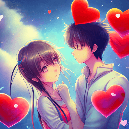 AI generated: anime art, adorable young couple showing affection and love, romantic, floating hearts, detailed, ci...