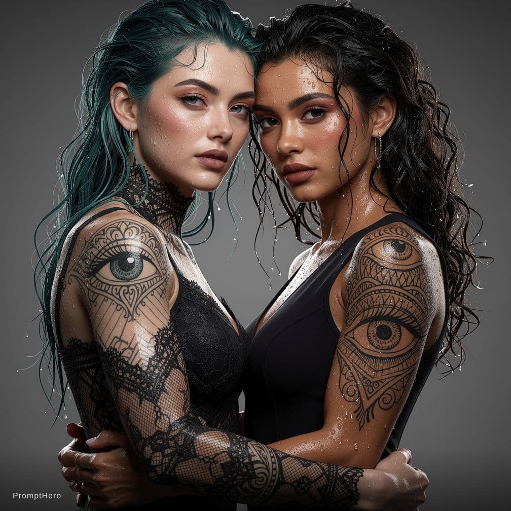 AI generated: Two wet, intimately embracing women with intricate tattoos, one with teal-dyed hair and the other wi...