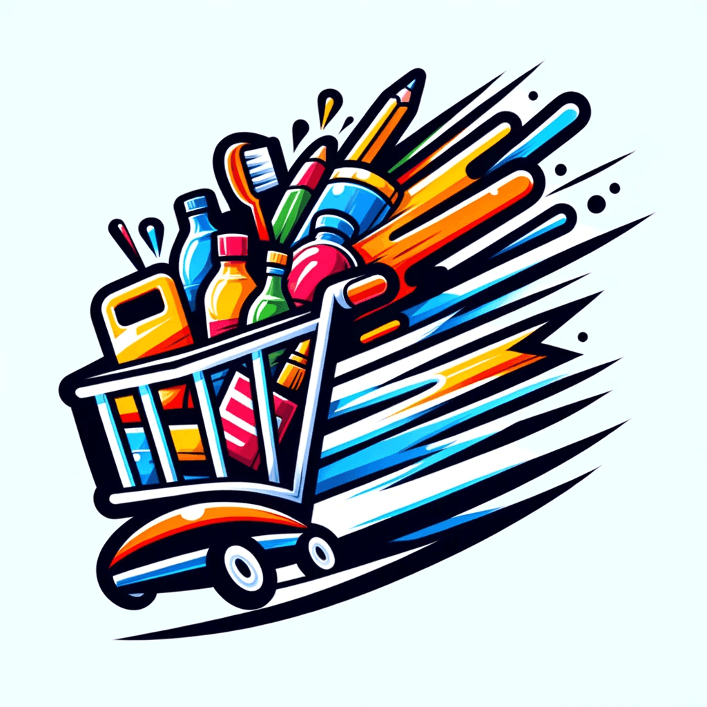 AI generated: A logo featuring a cartoon-style shopping cart filled with products, designed to look as if it's mov...