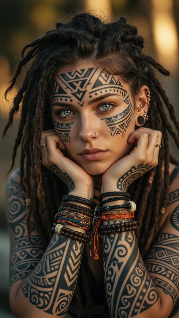AI generated: A stunningly beautiful young woman with striking light blue-green eyes, intense gaze directly at cam...