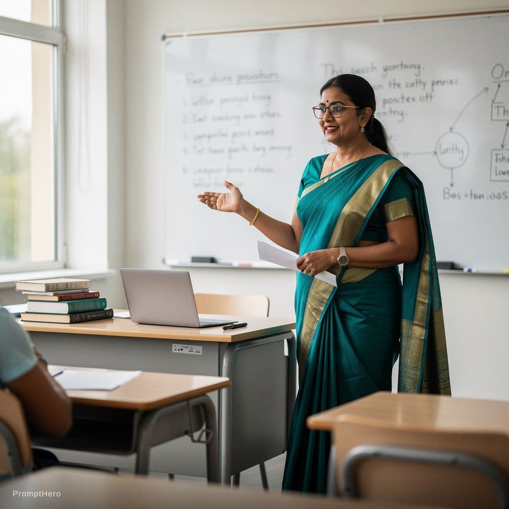 AI generated: A hot indian aunty in classroom