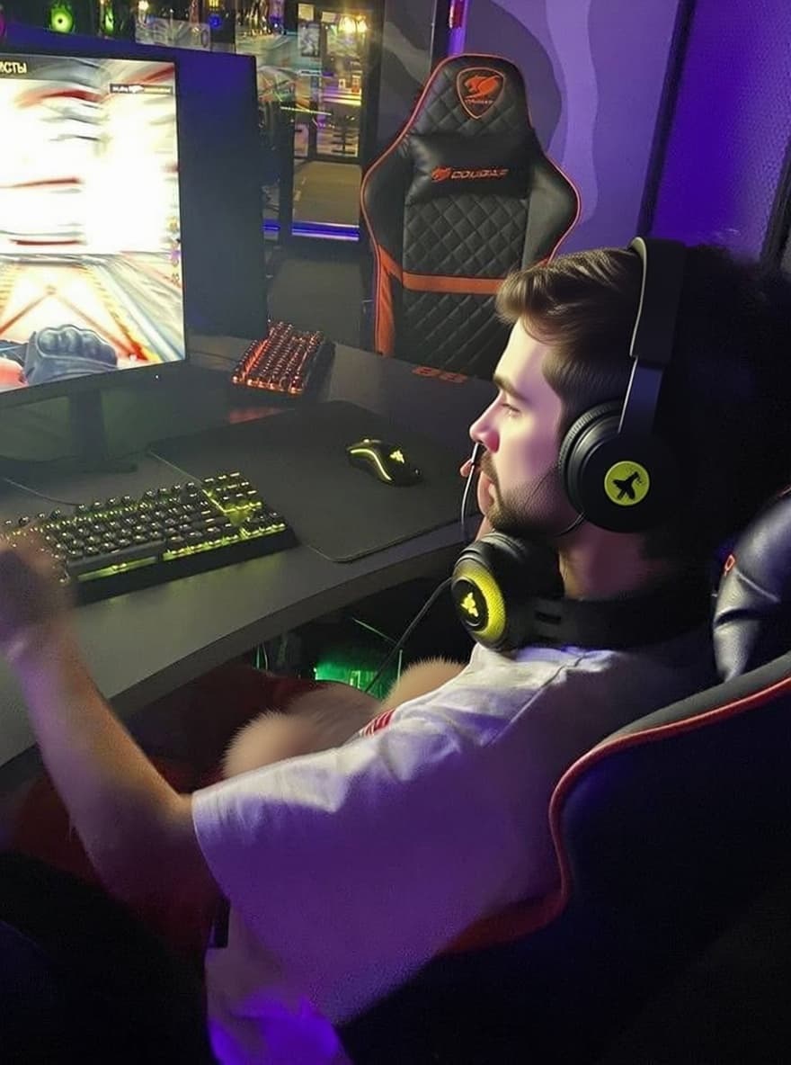 AI generated: Um homem branco jogando videogame em sua cadeira gamer, mas com o seu pênis escapando dos sho