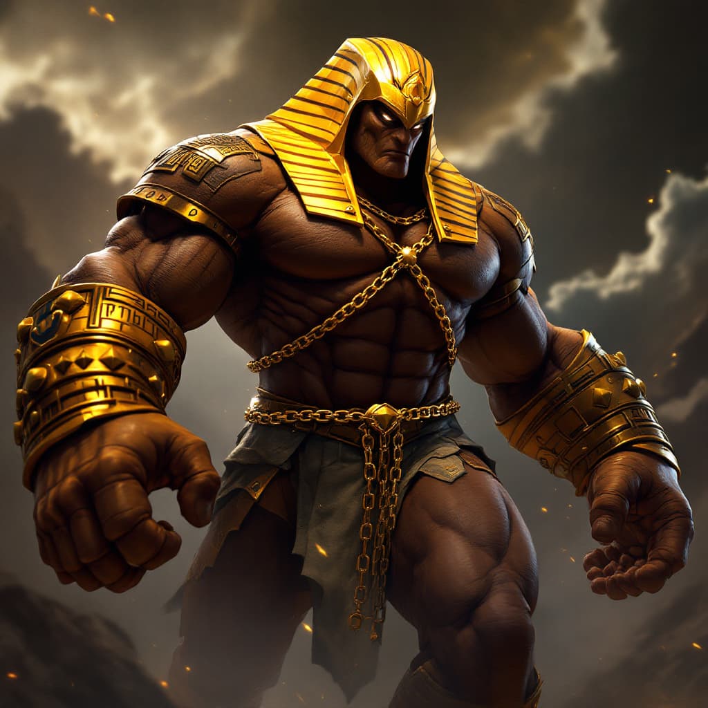AI generated: video game 3D Massive and muscular body, with an imposing and dominant posture.
Dark brown or gold s...