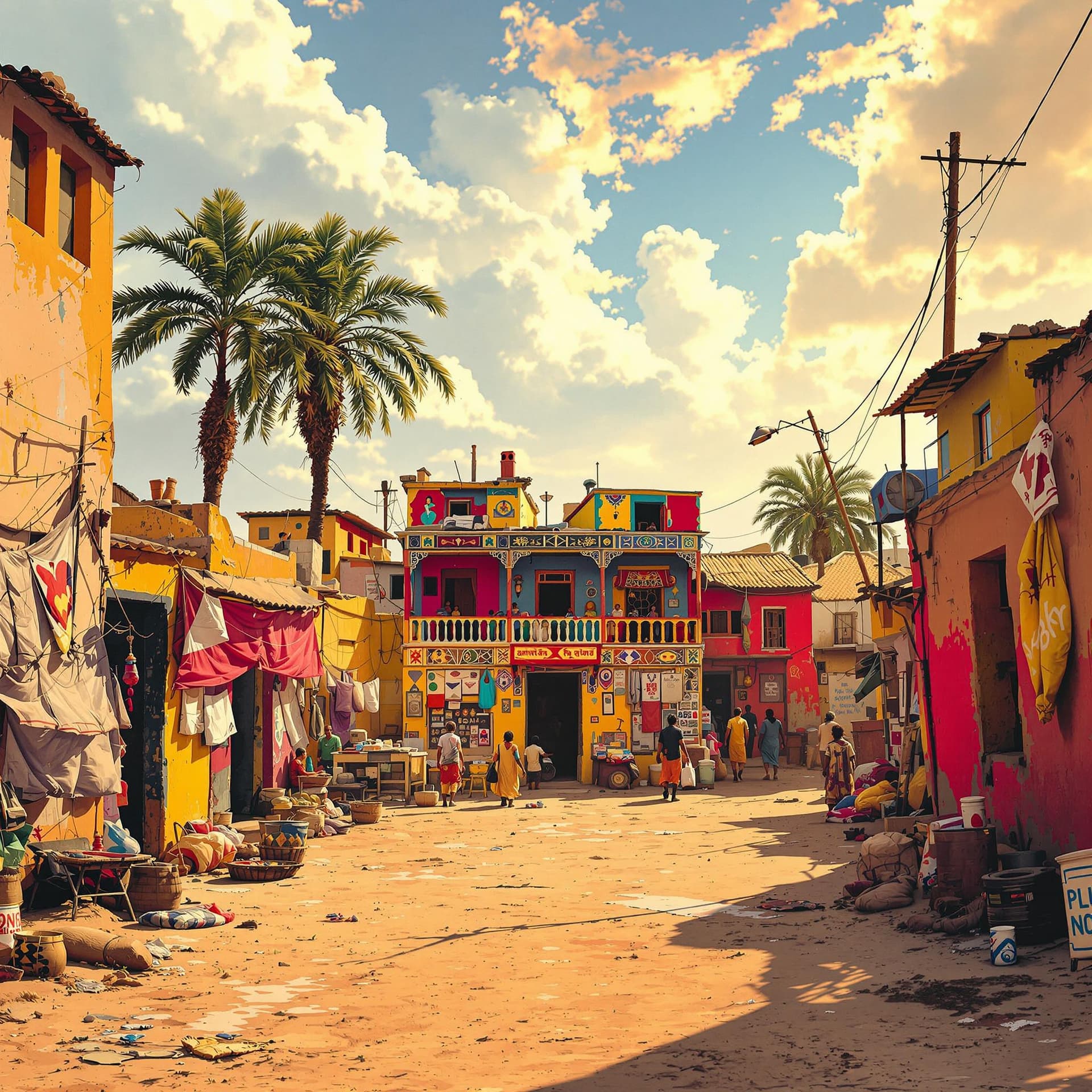 AI generated: Deserted Nigerian town with vibrant building, rich colors, 4k resolution, detailed patterns, traditi...