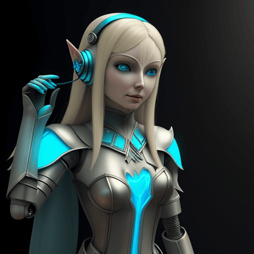 AI generated: Elf Galadriel dressed in a robot outfit in the dark and having a earphone, in the style of daz3d, an...