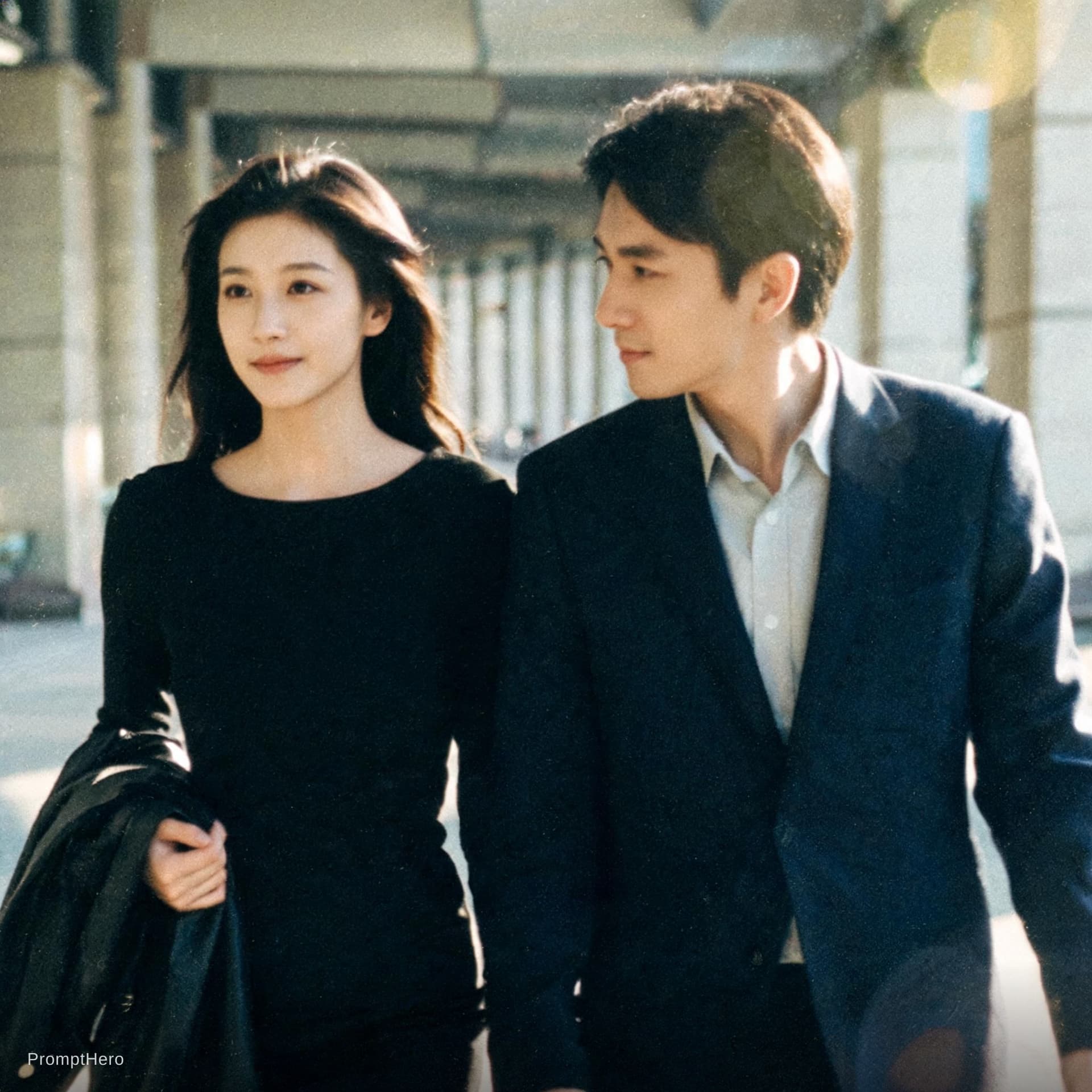 AI generated: A cinematic candid medium shot portrait of a man and a woman walking side by side along a bright urb...