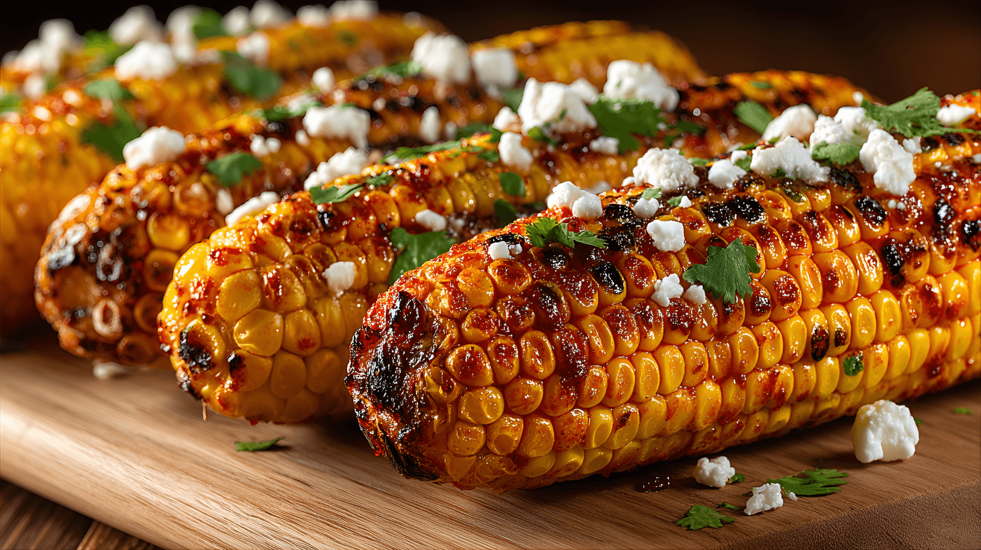 AI generated: several grilled corn on the cob,  sprinkled with crumbled feta cheese and fresh cilantro,  with visi...