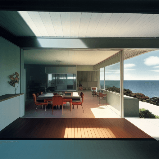 AI generated: Hyper realistic eye level exterior photo of a mid century modern style house overlooking the ocean, ...