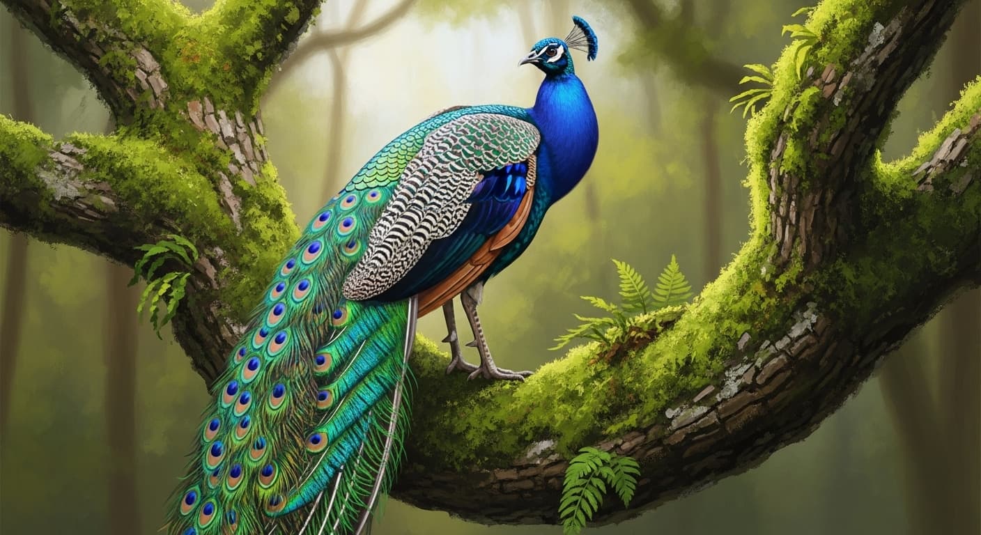 AI generated: A majestic peacock with vivid blue and purple plumage perched on a moss-covered tree branch, painter...