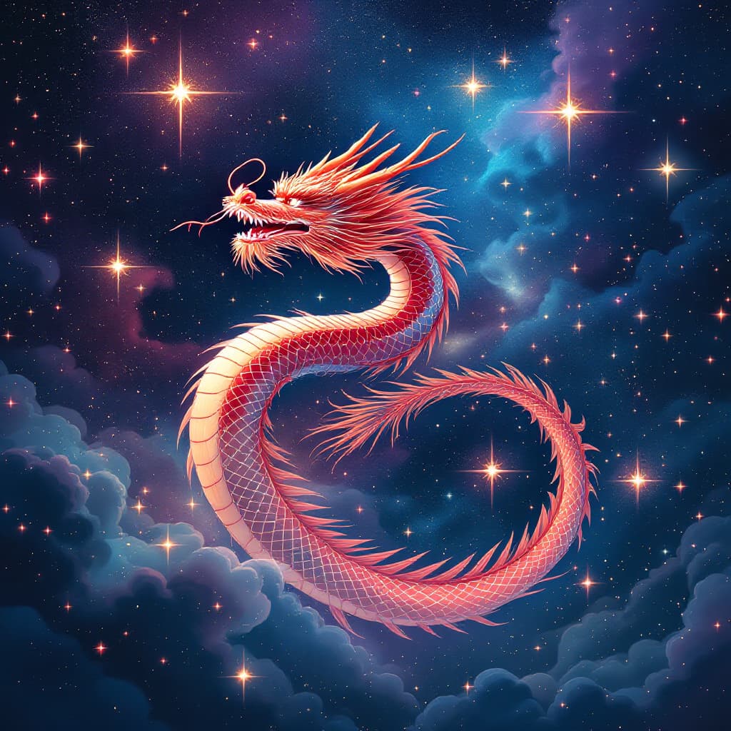 AI generated: a traditional Chinese dragon gliding through a cosmic galaxy, depicted through captivating digital i...